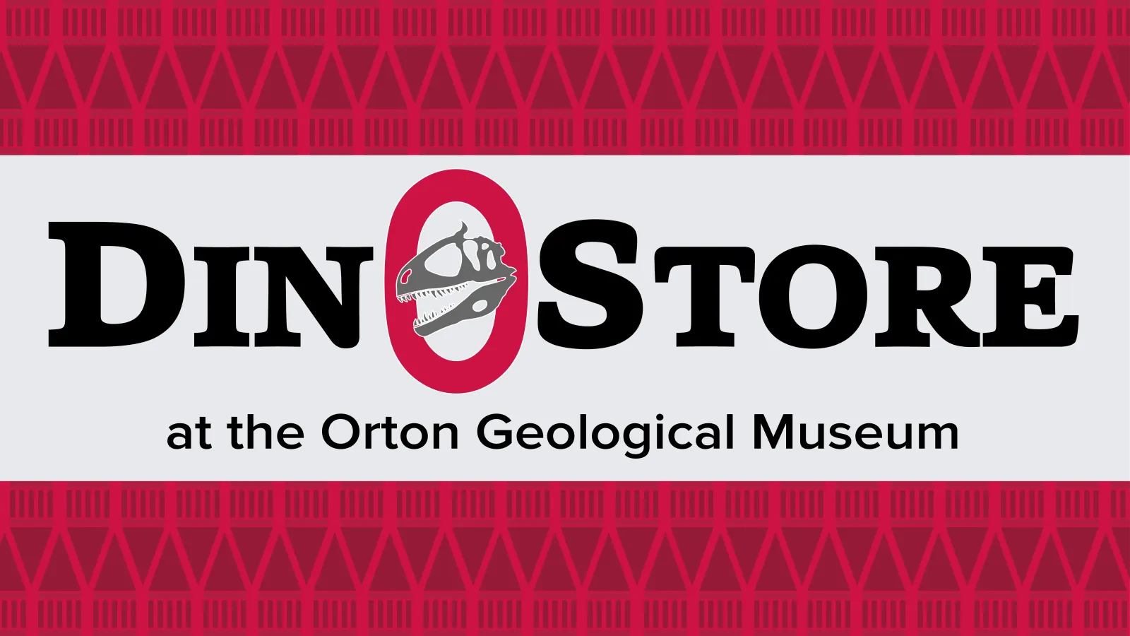 Dinostore artwork, "dinostore at the Orton Geological Museum" featuring the bust of Cryolophosaurus ellioti
