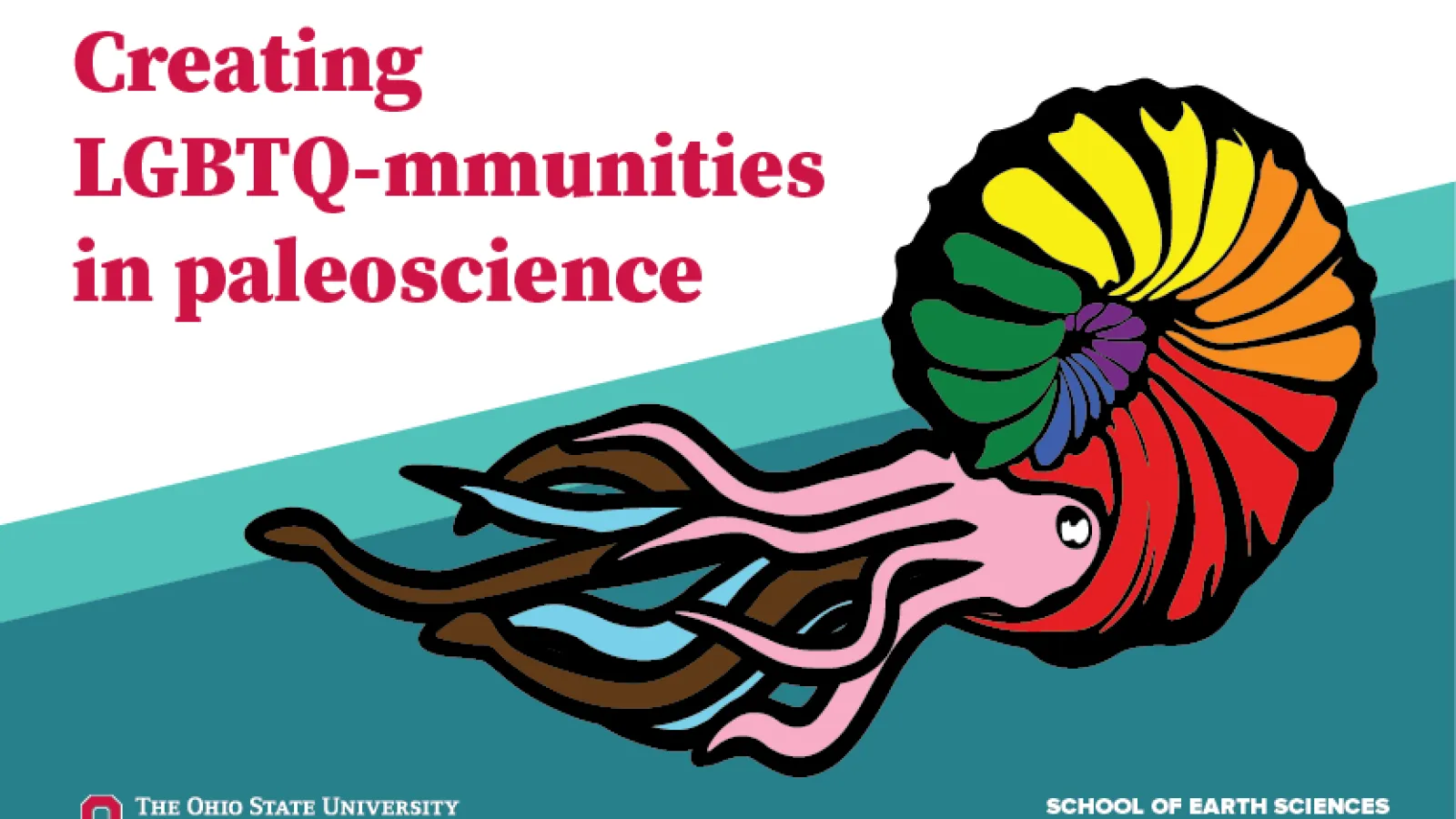 Stylized conference title featuring an ammonite designed in the Progressive Pride Flag colors