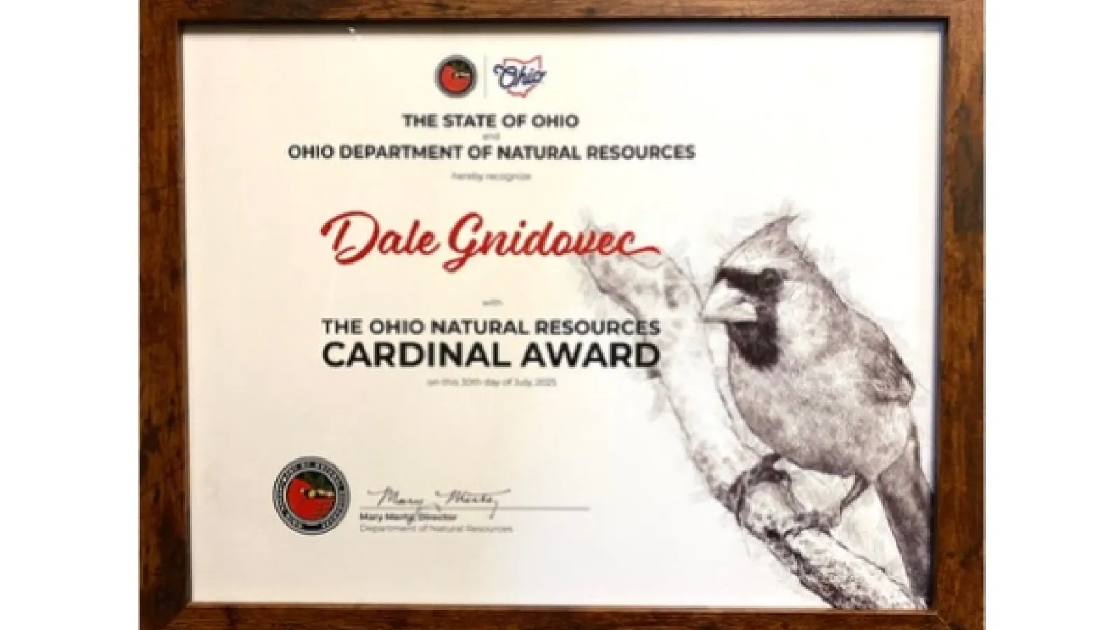 Cardinal Award certificate
